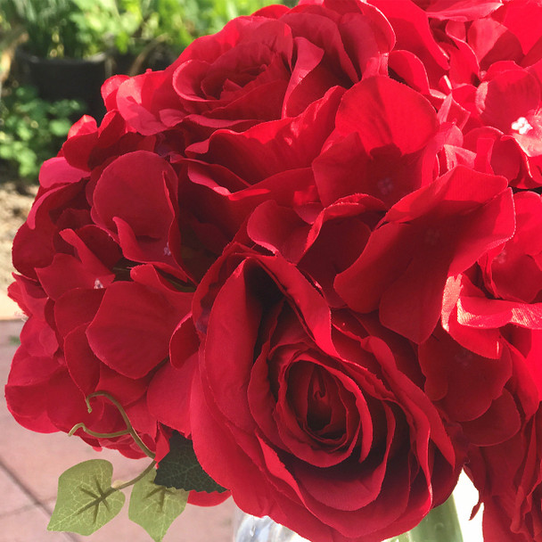 Red Artificial Rose and Hydrangea Flower Bouquets Set of 2