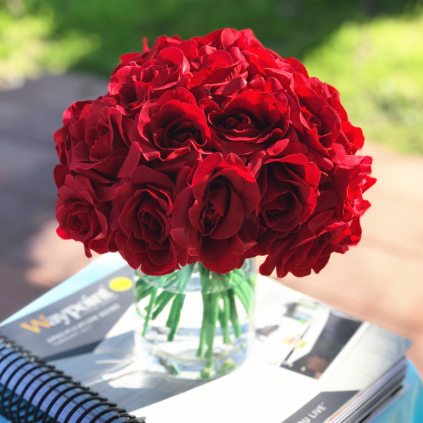 Red Artificial Open Rose Flower Arrangements with Glass Vase Red Artificial Open Rose Flower Arrangements with Glass Vase