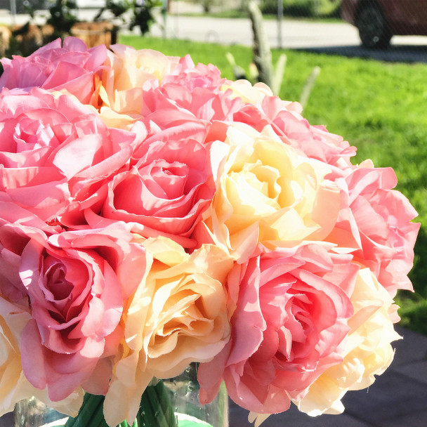 Pink and Blush Artificial Open Rose Flower Arrangements with Glass Vase 