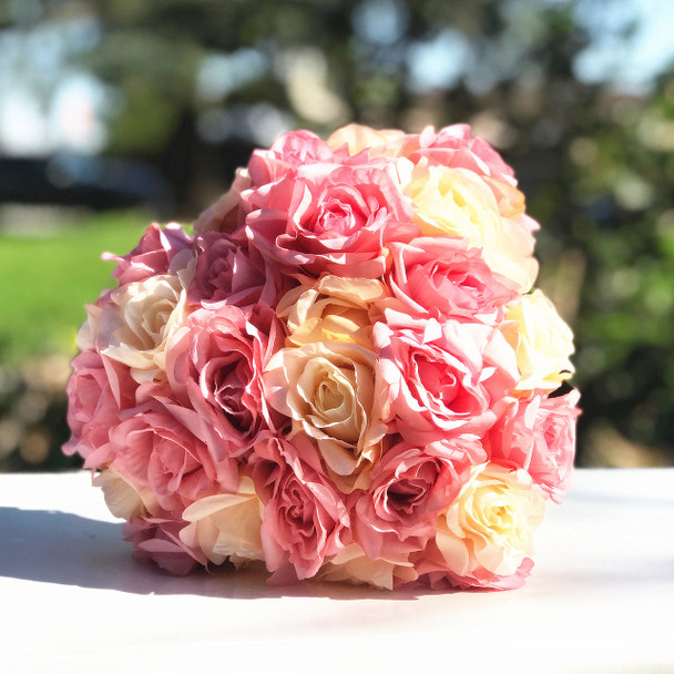 Pink and Blush Artificial Open Rose Flower Arrangements with Glass Vase 