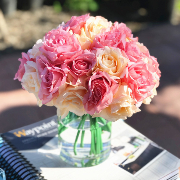 Pink and Blush Artificial Open Rose Flower Arrangements with Glass Vase 