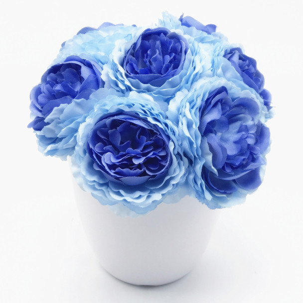 Blue Faux Peony Flower Arrangement in White Pot
