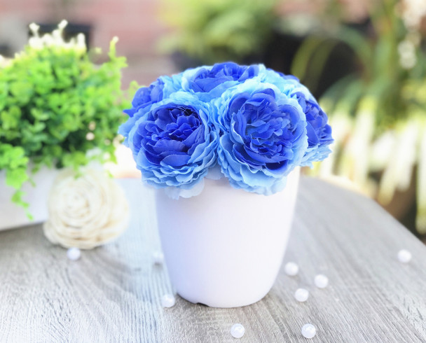 Blue Faux Peony Flower Arrangement in White Pot