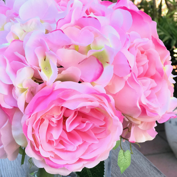 Pink  Peony and Hydrangea Mixed Faux Flower Arrangement With Clear Glass Vase