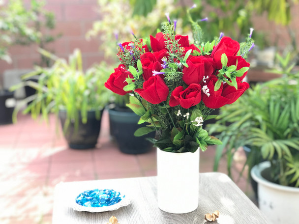 Red Velet Open Rose Faux Flower Arrangement With White  Ceramic Vase