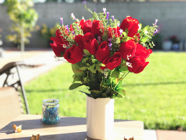 Red Velet Open Rose Faux Flower Arrangement With White  Ceramic Vase