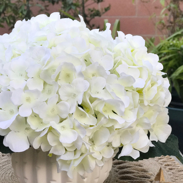 Cream Artificial Hydrangea Flower Arrangement with White Ceramic Vase