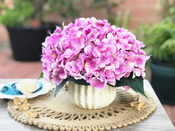 Purple Artificial Hydrangea Flower Arrangement with White Ceramic Vase
