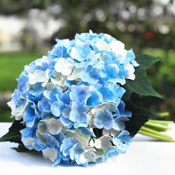 Blue and Cream Artificial Hydrangea Flower Arrangement with White Ceramic Vase