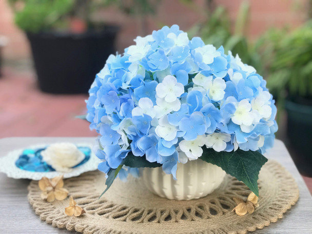 Blue and Cream Artificial Hydrangea Flower Arrangement with White Ceramic Vase