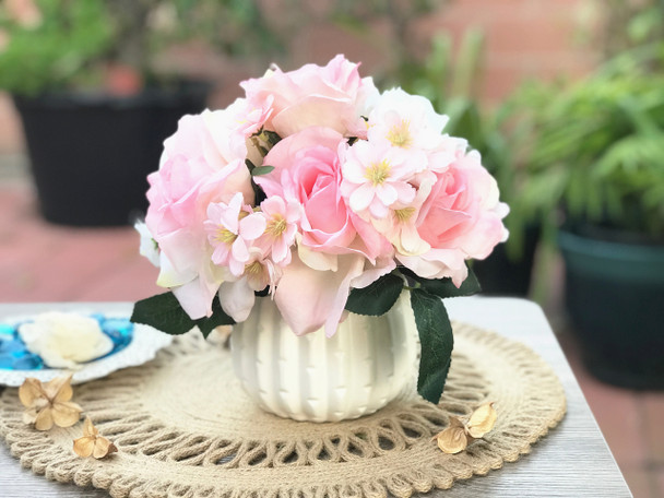 Pink Open Rose and Mixed Flower Arrangement With White Ceramic Vase Pink Open Rose and Mixed Flower Arrangement With White Ceramic Vase