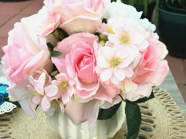 Pink Open Rose and Mixed Flower Arrangement With White Ceramic Vase Pink Open Rose and Mixed Flower Arrangement With White Ceramic Vase