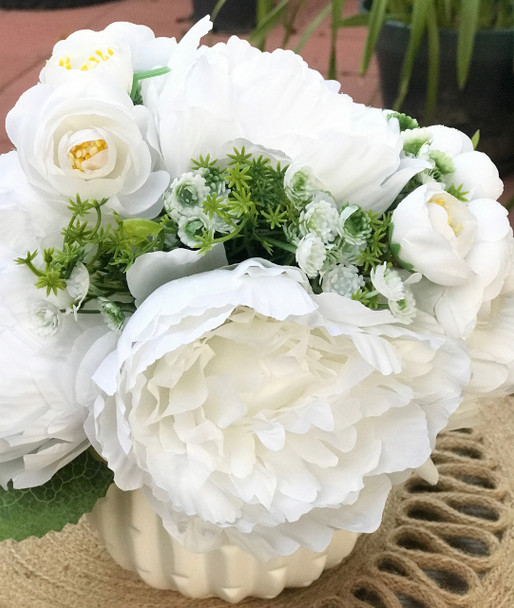 White Artificial Peony Mixed Flower Arrangements With White Ceramic Vase White Artificial Peony Mixed Flower Arrangements With White Ceramic Vase