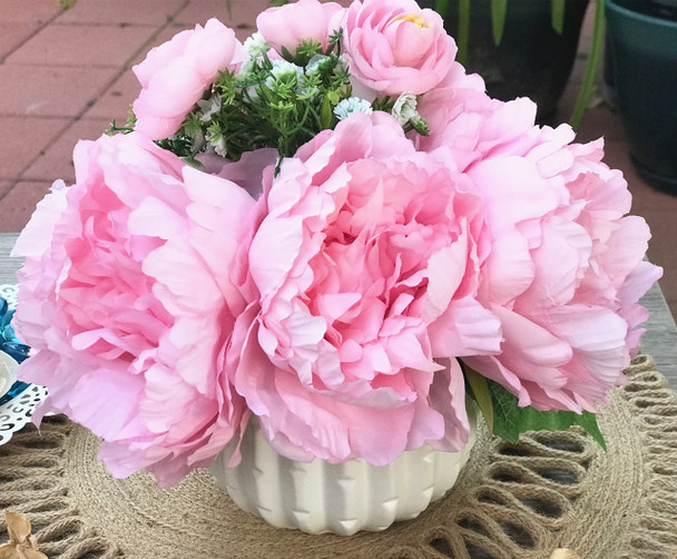 Pink Artificial Peony Mixed Flower Arrangements With White Ceramic Vase