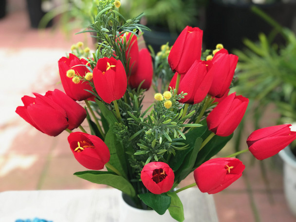 Red Tulip and Mixed Faux Flower Arrangements With White Ceramic Vase