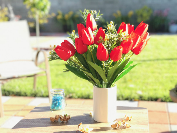 Red Tulip and Mixed Faux Flower Arrangements With White Ceramic Vase