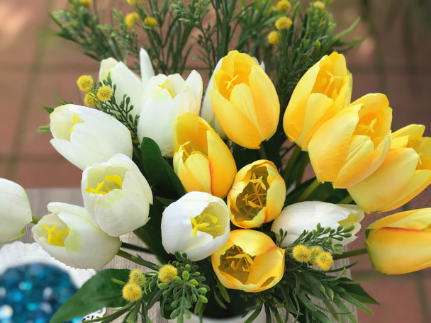 Yellow and Cream Tulip and Mixed Faux Flower Arrangements With White Ceramic Vase