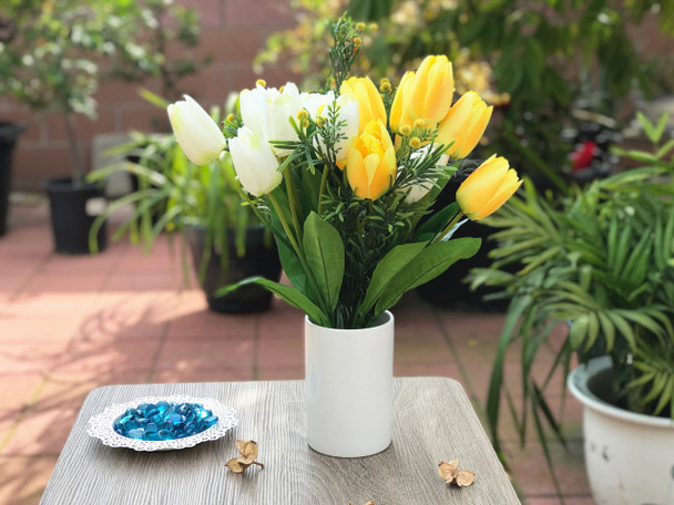 Yellow and Cream Tulip and Mixed Faux Flower Arrangements With White Ceramic Vase