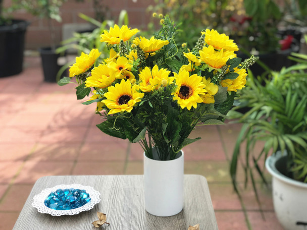 Yellow Sunflower and  Mixed Faux Flower Arrangements With White Ceramic Vase
