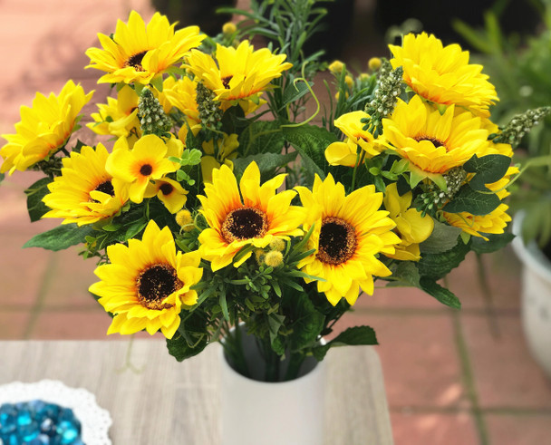 Yellow Sunflower and  Mixed Faux Flower Arrangements With White Ceramic Vase