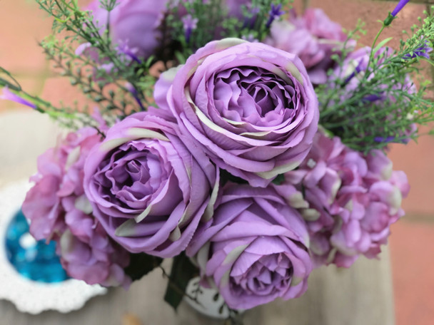 Purple Rose and Hydrangea Mixed Faux Flower Arrangements With White Ceramic Vase Purple Rose and Hydrangea Mixed Faux Flower Arrangements With White Ceramic Vase
