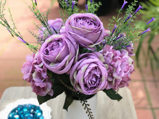 Purple Rose and Hydrangea Mixed Faux Flower Arrangements With White Ceramic Vase Purple Rose and Hydrangea Mixed Faux Flower Arrangements With White Ceramic Vase