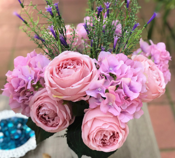 Pink Rose and Hydrangea Mixed Faux Flower Arrangements With White Ceramic Vase Pink Rose and Hydrangea Mixed Faux Flower Arrangements With White Ceramic Vase