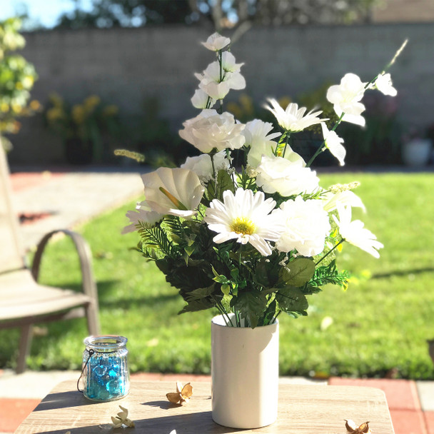Cream Rose and Daisy Mixed Faux Flower Arrangements With White Ceramic Vase