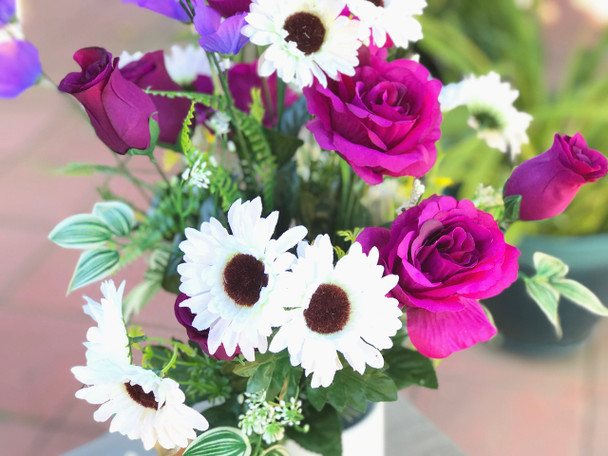 Purple Rose and Daisy Mixed Faux Flower Arrangements With White Ceramic Vase