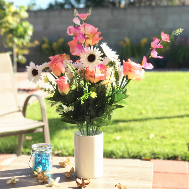Pink Rose and Daisy Mixed Faux Flower Arrangements With White Ceramic Vase