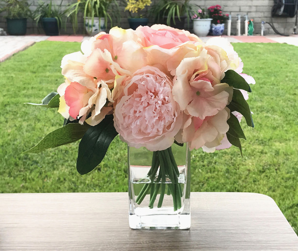 Champagne Peony Rose and Hydrangea Mixed Faux Flower Arrangement With Clear Glass Vase Champagne Peony Rose and Hydrangea Mixed Faux Flower Arrangement With Clear Glass Vase