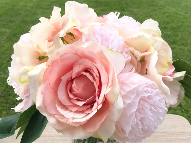 Pink Peony Rose and Hydrangea Mixed Faux Flower Arrangement With Clear Glass Vase Pink Peony Rose and Hydrangea Mixed Faux Flower Arrangement With Clear Glass Vase