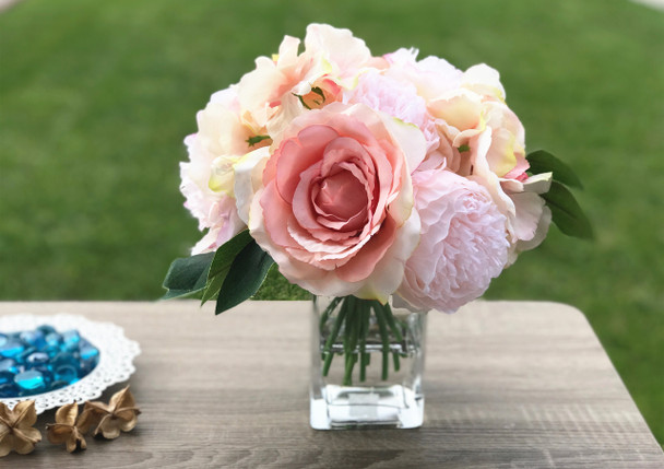 Pink Peony Rose and Hydrangea Mixed Faux Flower Arrangement With Clear Glass Vase Pink Peony Rose and Hydrangea Mixed Faux Flower Arrangement With Clear Glass Vase