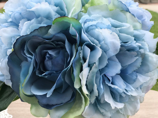 Blue Peony Rose and Hydrangea Mixed Faux Flower Arrangement With Clear Glass Vase Blue Peony Rose and Hydrangea Mixed Faux Flower Arrangement With Clear Glass Vase