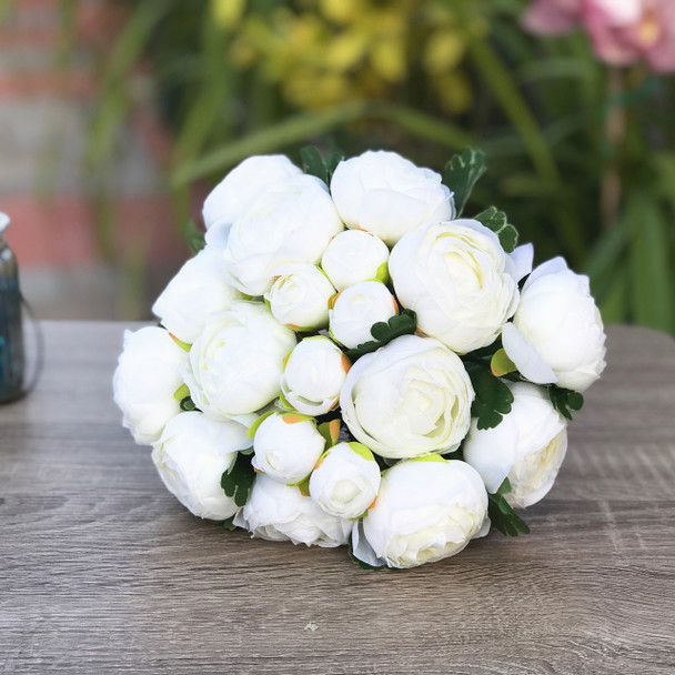 Cream Artificial Ranunculus Flower Arrangement With Clear Glass Vase
