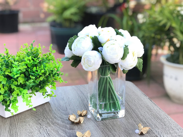Cream Artificial Ranunculus Flower Arrangement With Clear Glass Vase
