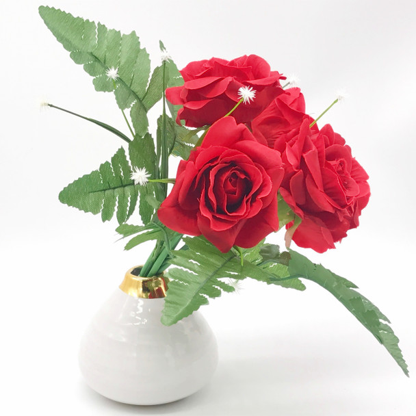 Red Artificial Open Rose Mixed Flower Arrangement in White Decoration Vase