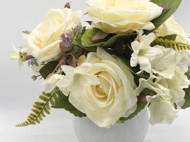 Cream Artificial Silk Open Rose and Hydrangea Flower Arrangement With White  Ceramic Vase