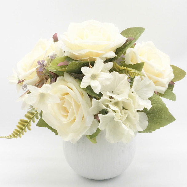 Cream Artificial Silk Open Rose and Hydrangea Flower Arrangement With White  Ceramic Vase