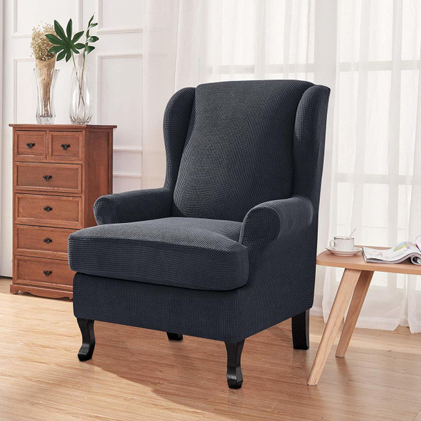 Grey Stretch Jacquard Spandex Fabric T-Cushion Wingback Slipcover 