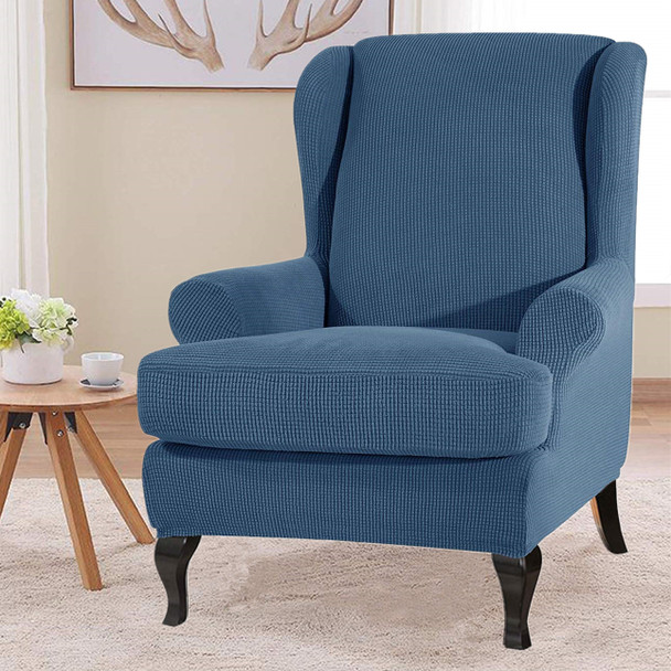 Denim Blue Stretch Jacquard Spandex Fabric T-Cushion Wingback Slipcover Denim Blue Stretch Jacquard Spandex Fabric T-Cushion Wingback Slipcover