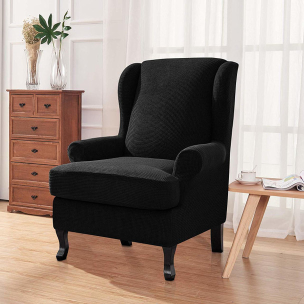 Black Stretch Jacquard Spandex Fabric T-Cushion Wingback Slipcover 