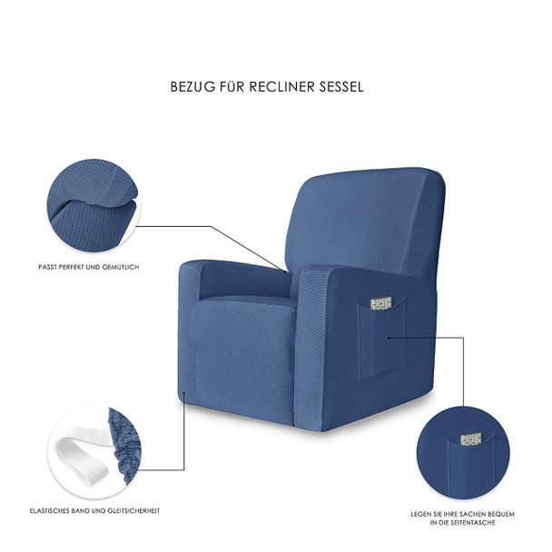 Denim Blue Stretch Spandex Jacquard Recliner Chair Slipcovers with Elastic Bottom Side Pocket Denim Blue Stretch Spandex Jacquard Recliner Chair Slipcovers with Elastic Bottom Side Pocket