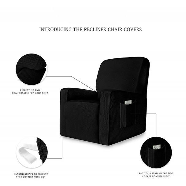 Black  Stretch Spandex Jacquard Recliner Chair Slipcovers with Elastic Bottom Side Pocket