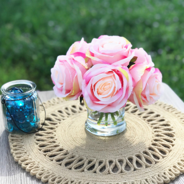 Pink 7  Heads Open Rose Silk Flower Arrangement in Clear Glass Vase with Faux Water