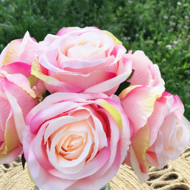 Pink 7  Heads Open Rose Silk Flower Arrangement in Clear Glass Vase with Faux Water
