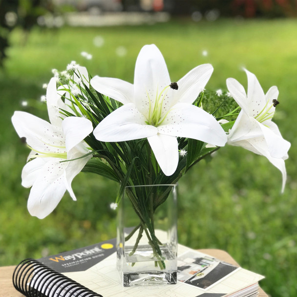 White Tiger Lily Real Touch Flower Arrangement in Clear Glass Vase with Faux Water White Tiger Lily Real Touch Flower Arrangement in Clear Glass Vase with Faux Water