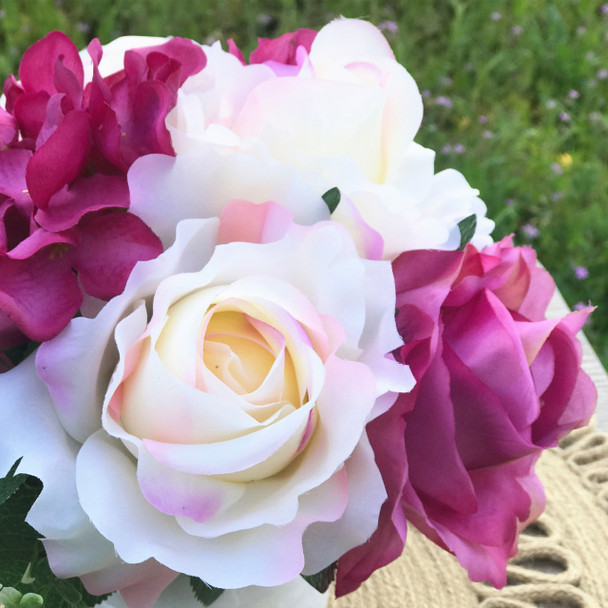 Purple and Cream Open Rose and Hydrangea Silk Flower Arrangement in White Decoration Vase Purple and Cream Open Rose and Hydrangea Silk Flower Arrangement in White Decoration Vase