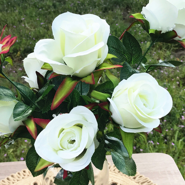 Cream  Open Rose Silk Flower Arrangement in Clear Glass Vase with Faux Water