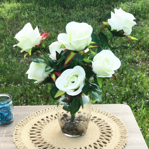 Cream  Open Rose Silk Flower Arrangement in Clear Glass Vase with Faux Water